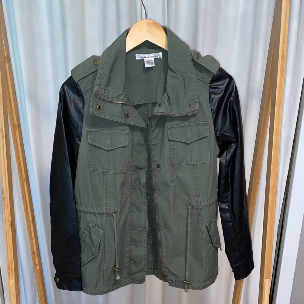Sans Souci Olive Utility Jacket with Faux Leather Sleeves - Size Small